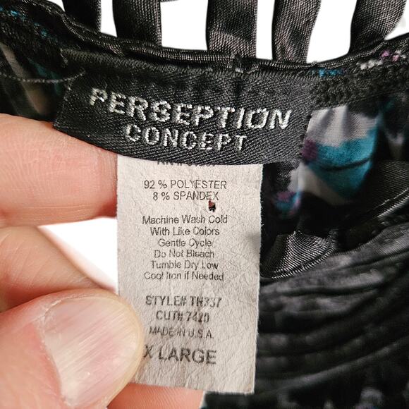 Perseption Concept Women's XL Woven Collar Bubble Top Black Blue Abstract - Picture 4 of 5